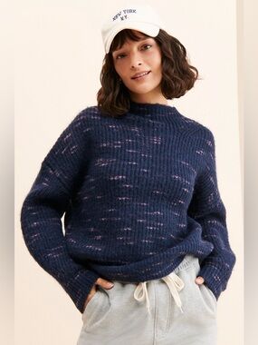 Varley Albion Knit Sweater Wool Pullover Mock Neck Chunky Knit Fuzzy Blue